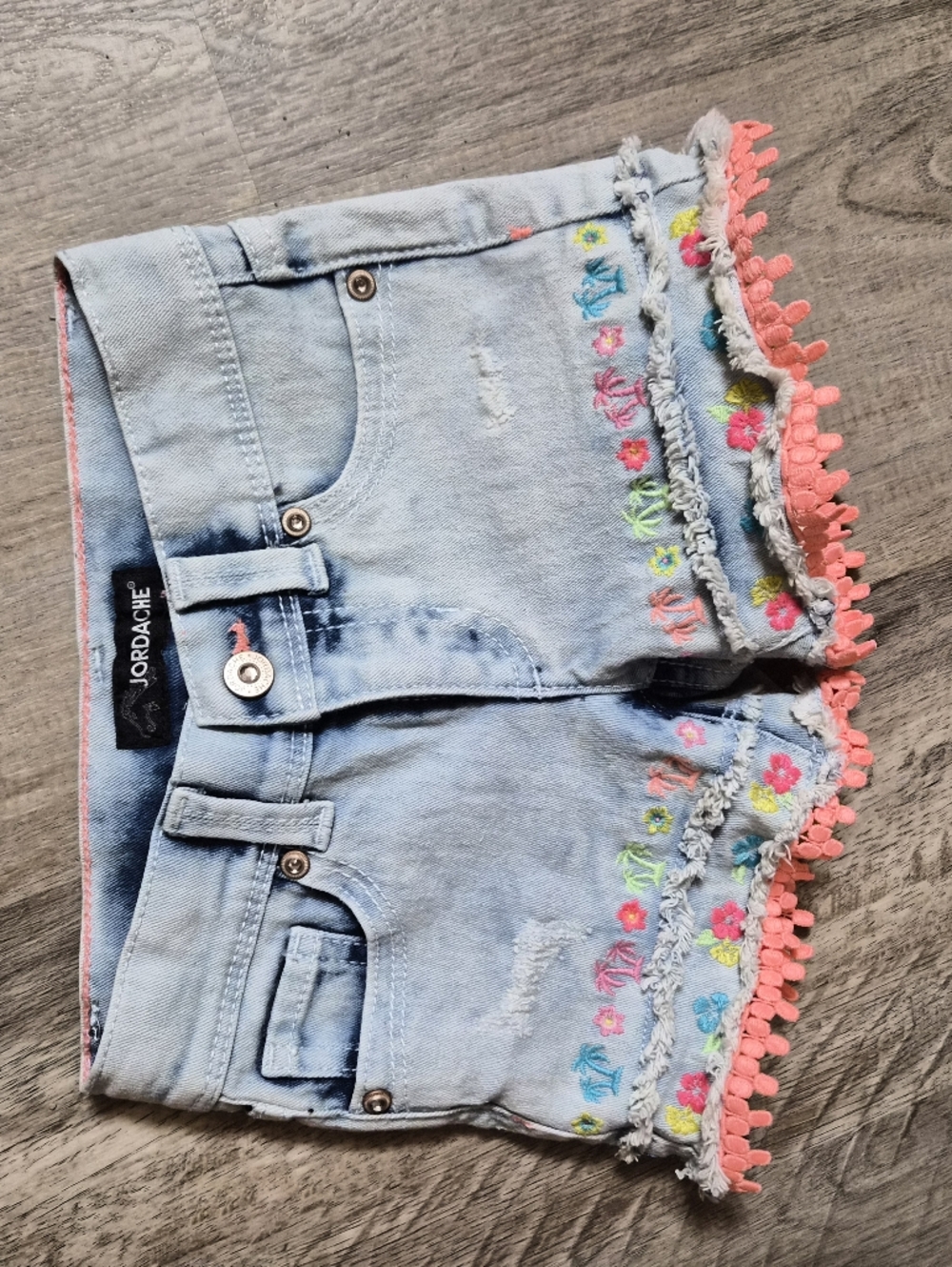 Jordache Girls Denim Shorts Size 5 Floral Fringe Pink Trim Cute